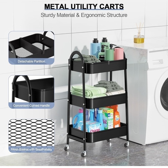 3 Tier Metal Rolling Cart NWT - Picture 2 of 10